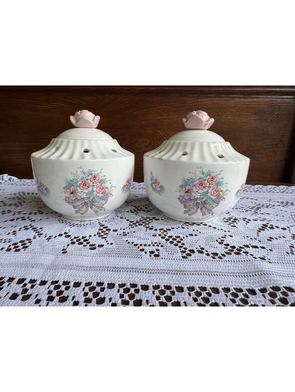 Vintage Ceramic Floral Potpourri Holders with Pink Rose Lids - Set of 2